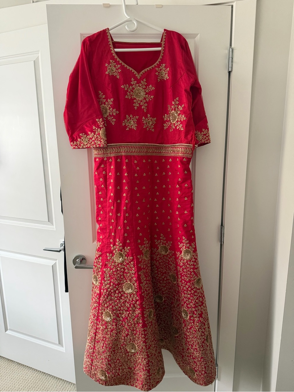 Pakistani Indian Red Embroidered Women's Suit Anarkali with Gold Accents